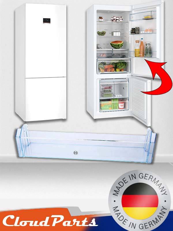 Bosch buzdolapları ile tam uyumlu geniş hacimli yedek kapak şişelik rafı